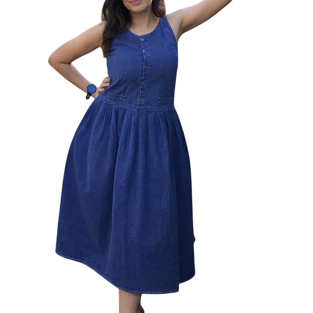 Eileen West Vtg 90s Minimalism Denim Dress Pockets Cotton Button Front USA‎ Made